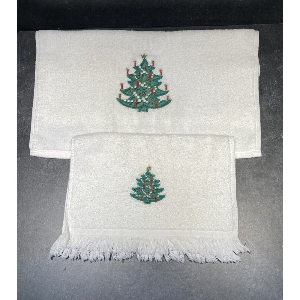 2 Pc Embroidered Christmas Tree Hand Towel Set 1 Hand Towel/1 Fingertip Towel